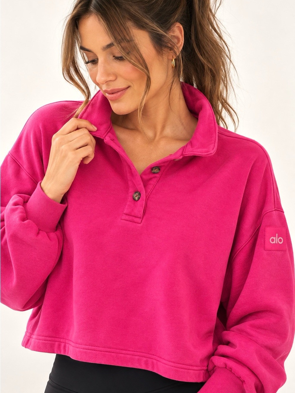 Alo Yoga Polo Club Henley Pullover Magenta Crush Cropped Sweatshirt Large